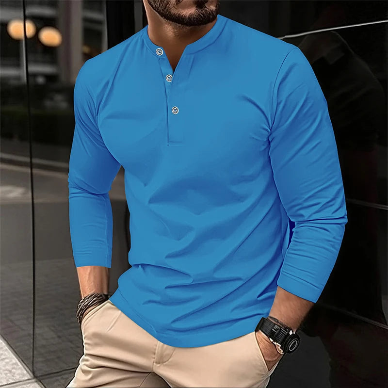 2025 Men's Summer Long Sleeve Henry Polo Casual Breathable Comfortable Polo Shirt Solid High Quality Male T-Shirt Dropshipping Viralgem Store