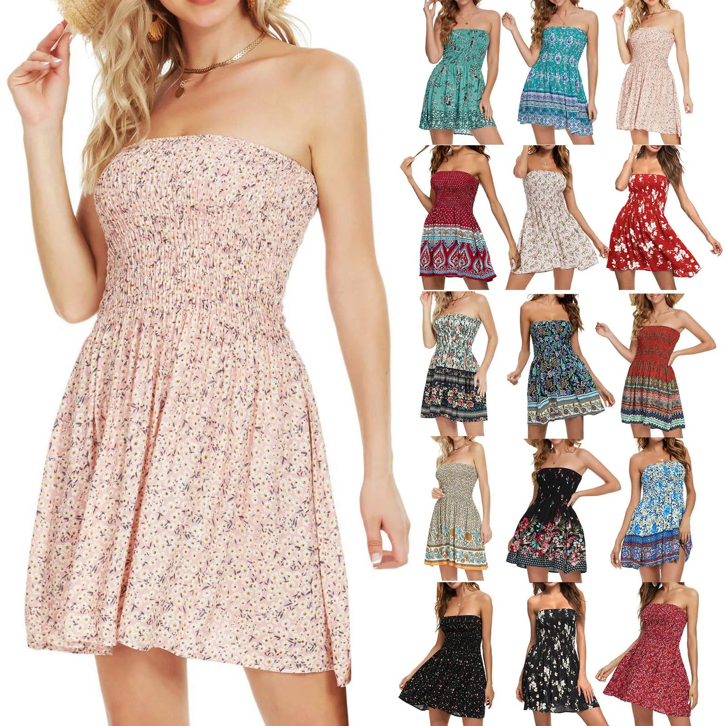 Summer Women Vintage Off Shoulder Floral Strapless Sleeveless Chest Wrap Dress Bohemian Beach Boho Sundress Party Dress Vestidos