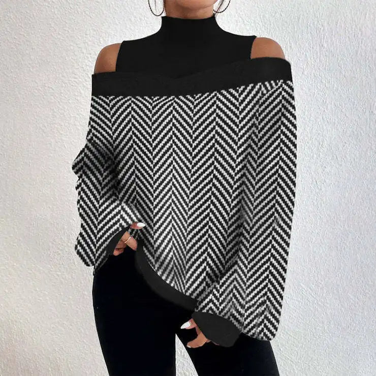 2024Ladies Long Sleeve Turtleneck Tops Women Sexy Off Shoulder Hollow Out Loose Printing T-shirt 2024 Autumn Fashion T-shirt Top Viralgem Store