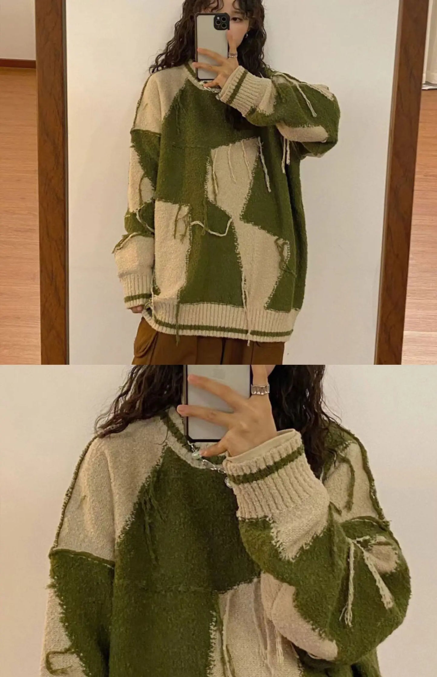Women's Green Gothic Y2k Two-tone Knitted Sweater Harajuku Korean Y2k Long Sleeves Jumper Sweaters Vintage 2000s Clothes Autumn