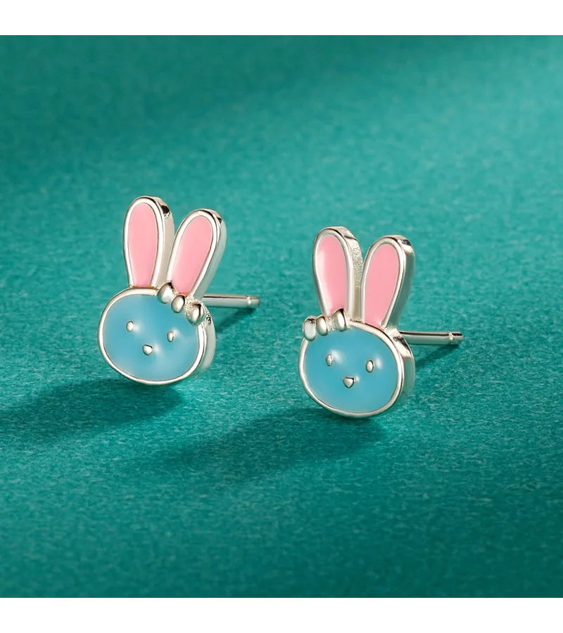 TrustDavis Real 925 Sterling Silver Cute Glaze Animal Rabbit Charm Stud Earrings For Daughter Girls Birthday Gift Jewelry DK024