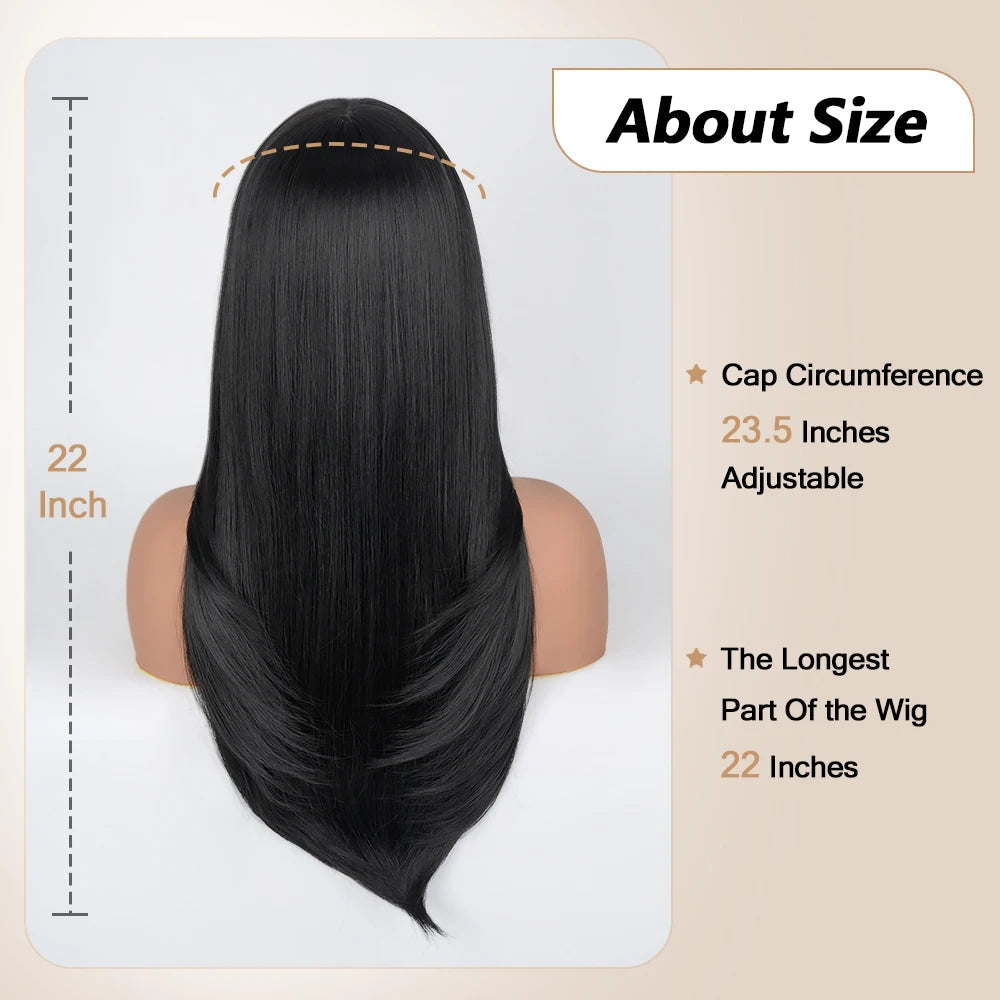Straight Layered Cut Wigs with Bangs HD Lace Fake Scalp Synthetic Natural Layered Lace Wig For Women Glueless Heat Resistant Wig Viralgem Store