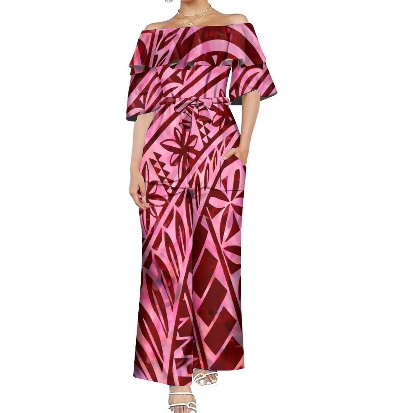 Drop Shipping Custom Polynesian Off Shoulder Frill Women One Piece Rompers Lace Up Oversized Jumpsuit With Belts Viralgem Store