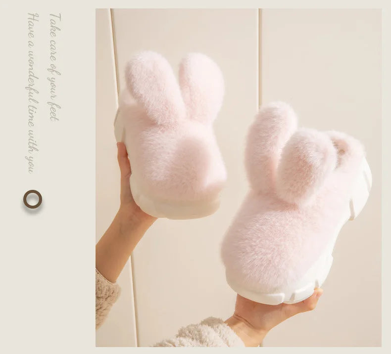 8 cm High platform fur slippers women's winter fluffy ear home shoes woman white bunny rabbit slippers woman house clog shoes