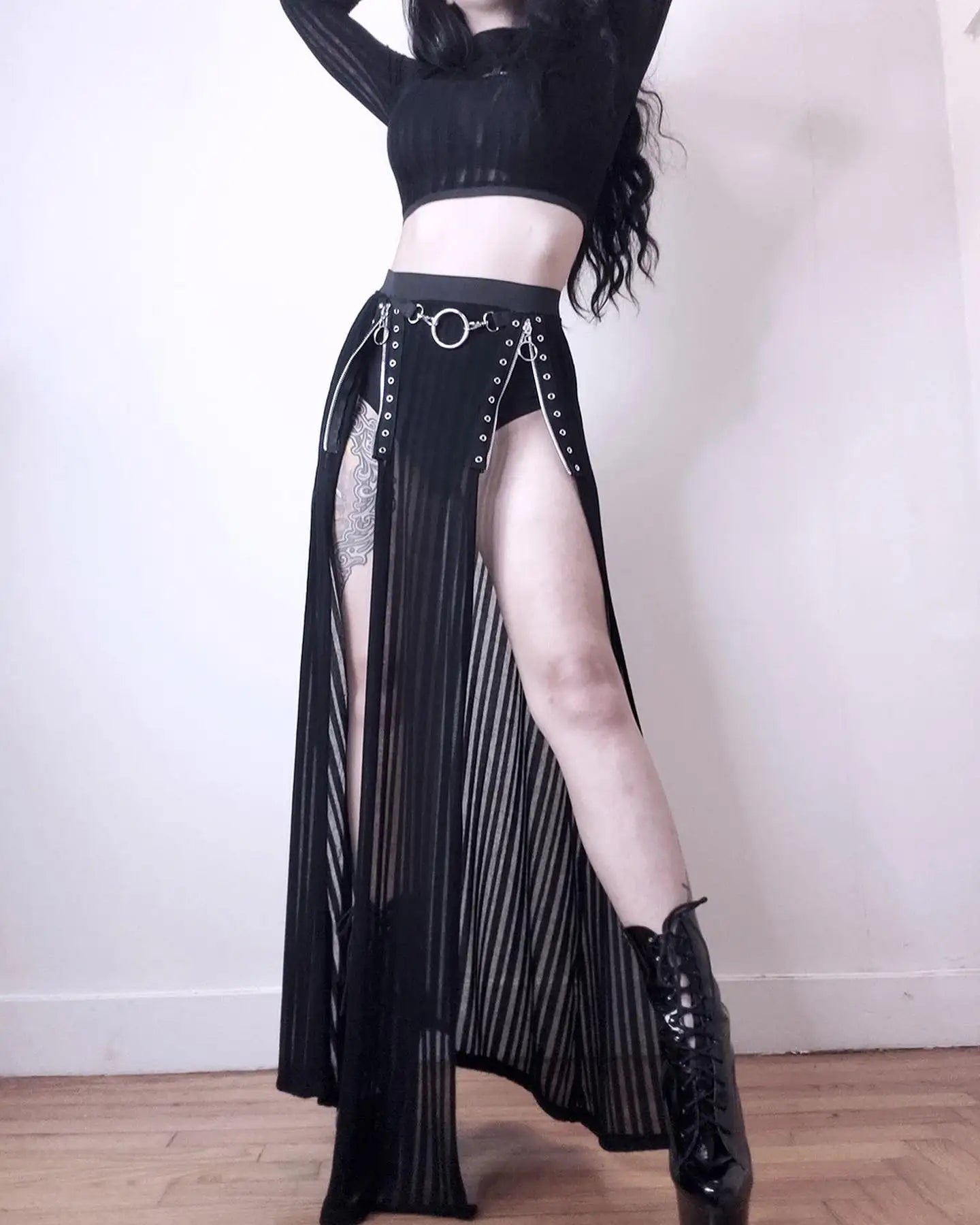 Yangelo Goth Grunge Skirt With Buckle Women Y2K Punk Sexy Bottoms Patchwork Split Long Skirts Summer Zipper See Through Clothes