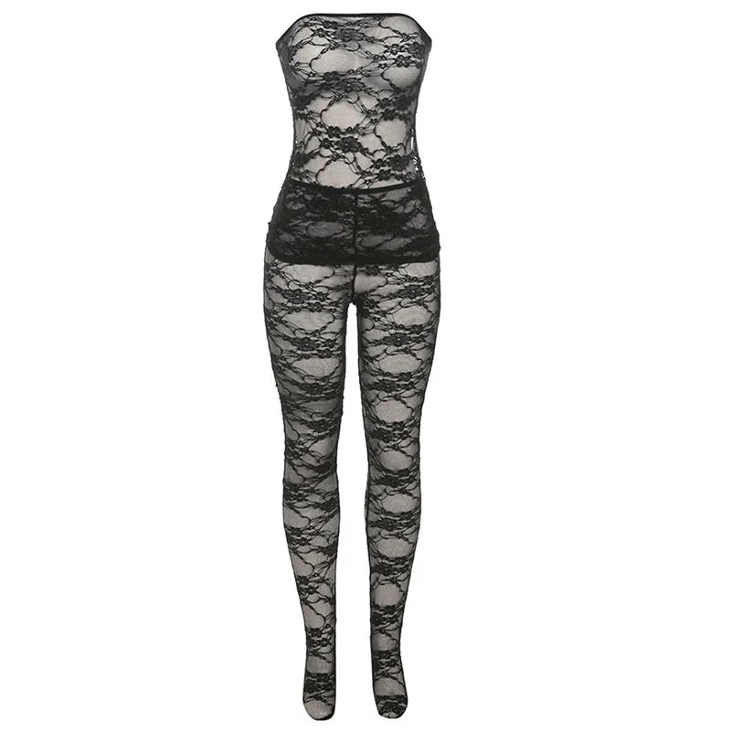 Women 3 Piece Sets Trim Sheer Lace  Solid Strapless Tupe Top Hot Skinny Pantyhose Pants Baddie Club Outfit Lingerie Suit Viralgem Store