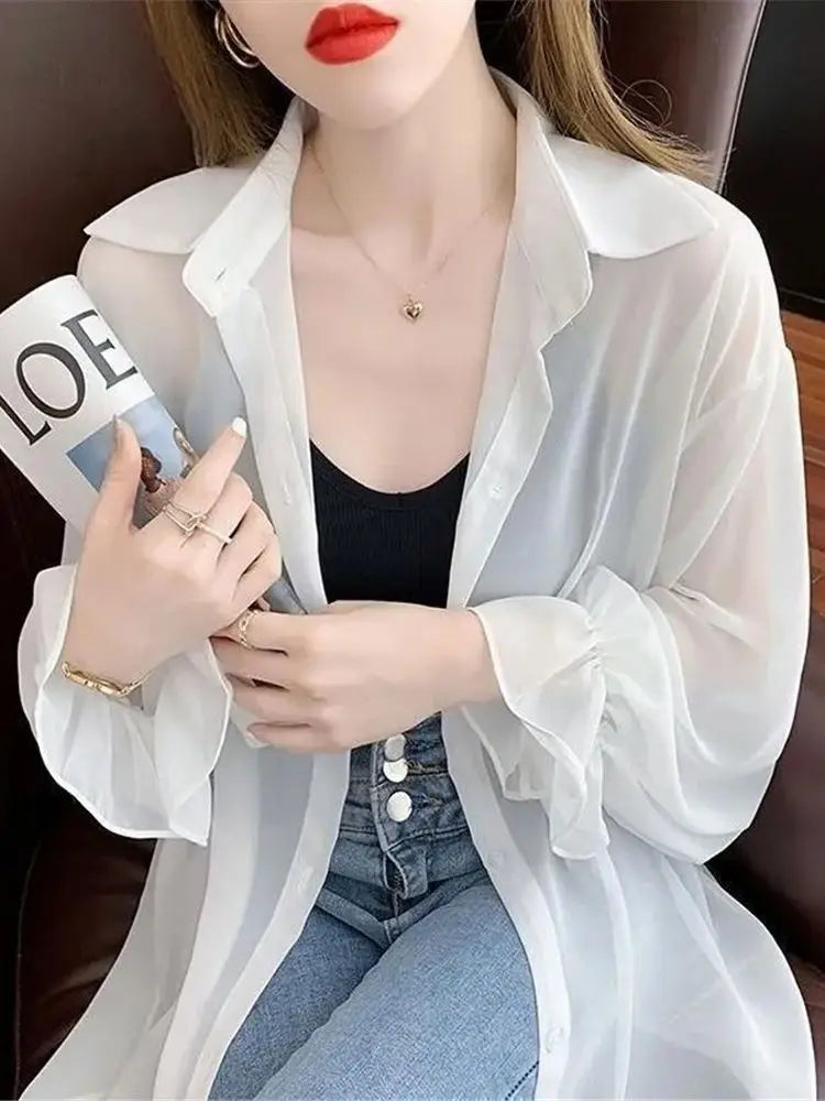 2023 Summer New Thin Women's Sun Protection Jacket Loose Long Sleeves Medium Long Chiffon Shirt Fashion Style Purple Female Tops