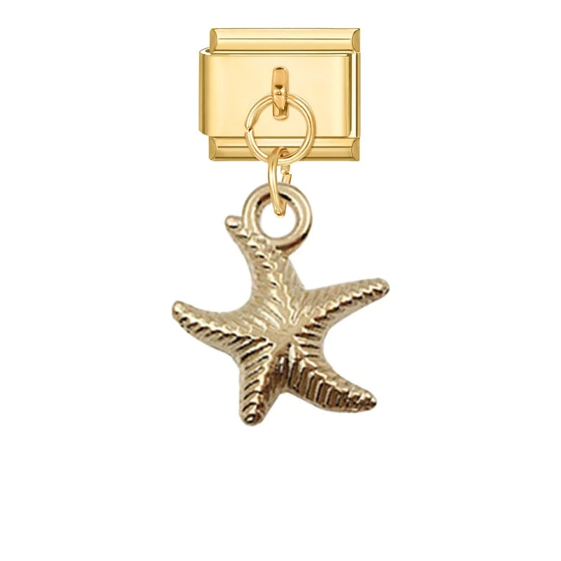 Vintage Golden Sea Shell Conch Starfish Dolphin Turtles Pendant Bead Fit 9mm Italian Charm Bracelet Stainless Steel DIY Making