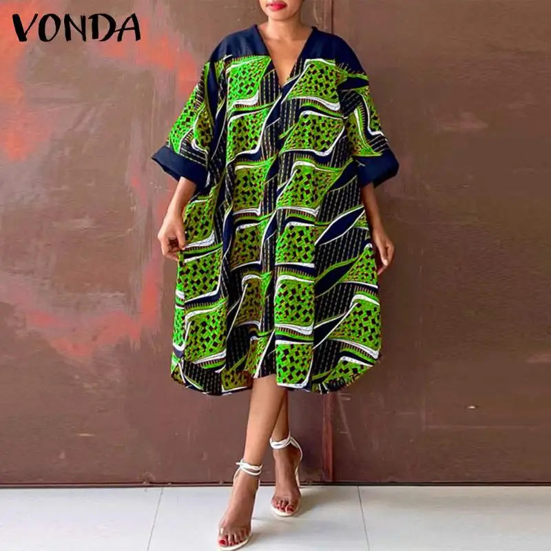 VONDA Oversized Summer Dress 2024 Women V Neck Bohemian Printed Beach Sundress Casual Midi Vestidos 3/4 Sleeve Loose Robe Femme