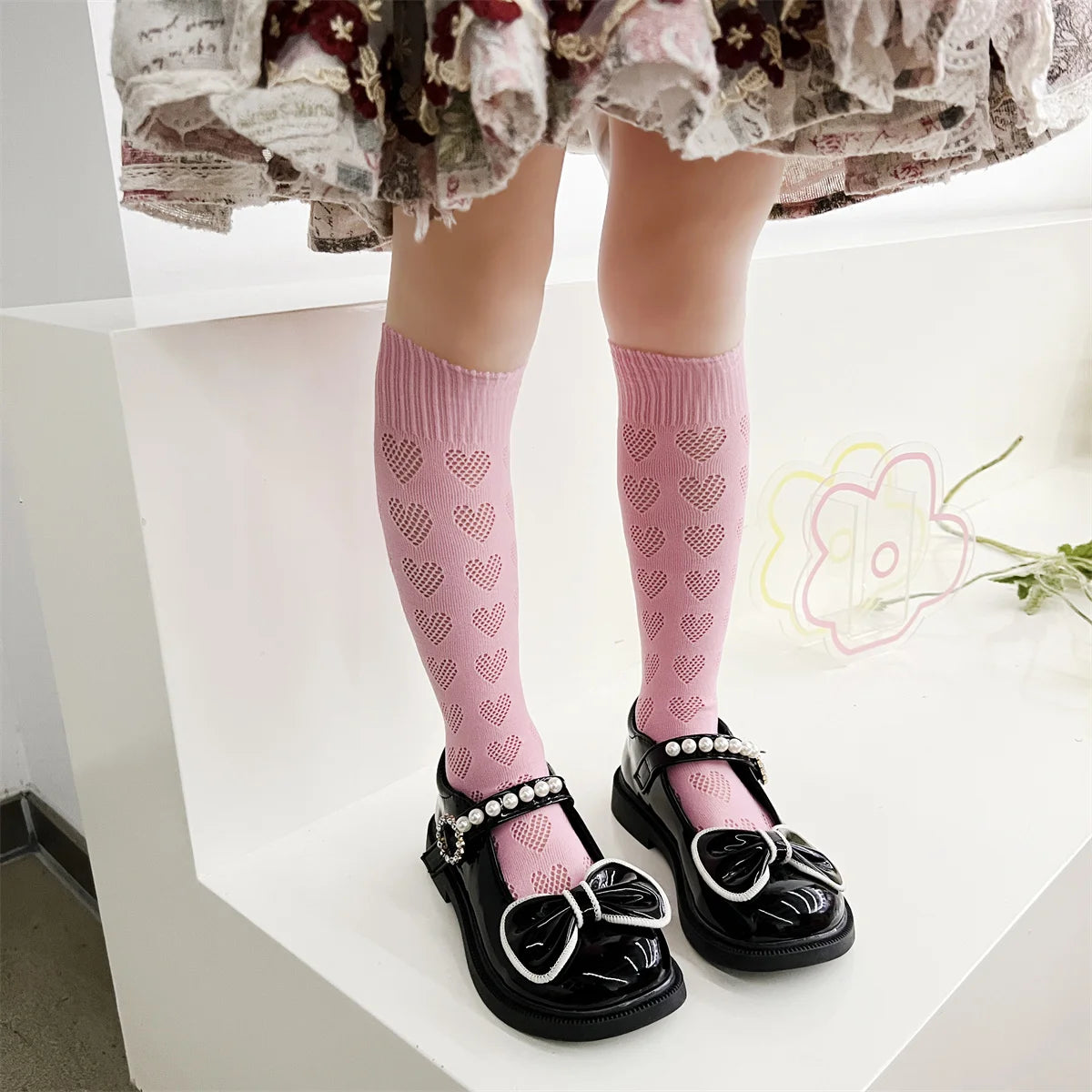 1/4 pairs of girls' dopamine heart hollow  mesh straight socks, lightweight  breathable heart mesh socks, women's long tube