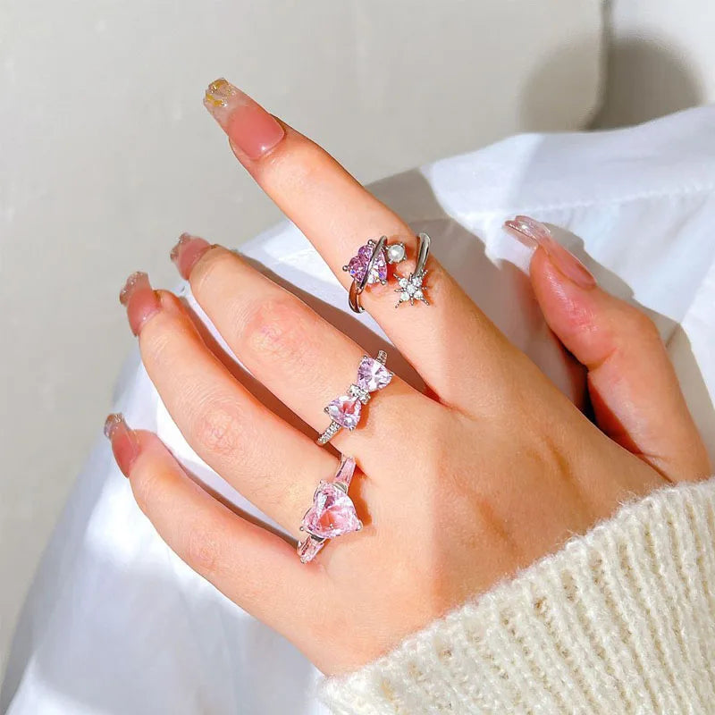 Adjustable Crystal Rings Y2K Pink Irregular Geometry Vintage Bowknot Heart Ring Set for Women Girl 2023 New Fashion Jewelry Gift Viralgem Store
