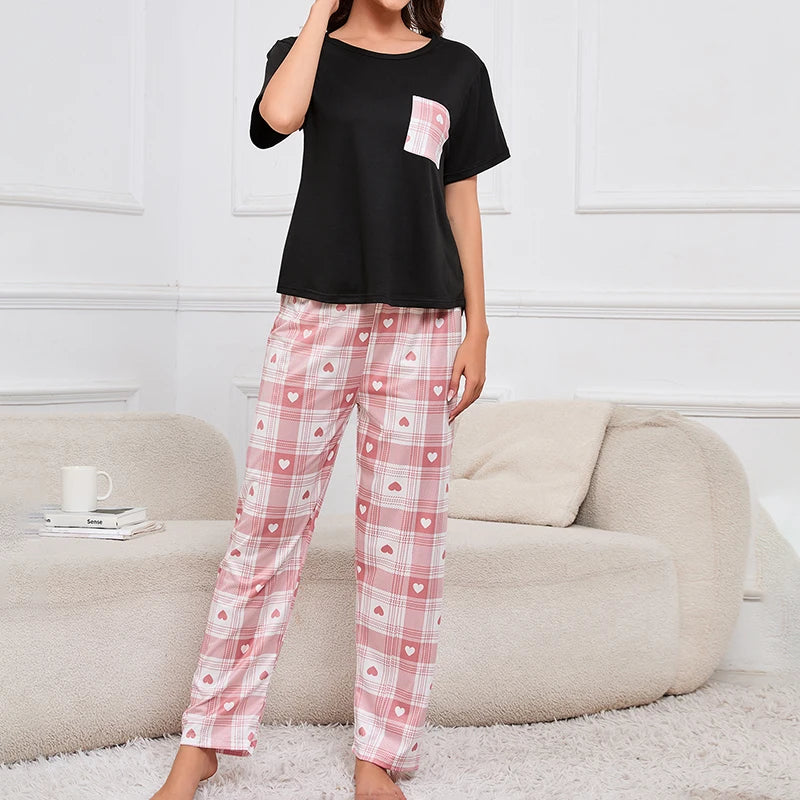 3-Piece Women's Checkered Printing Pajamas Set Soft & Comfy Crew Neck Tee Elastic Shorts & Lounge Pants Sleepwear Home Clothing