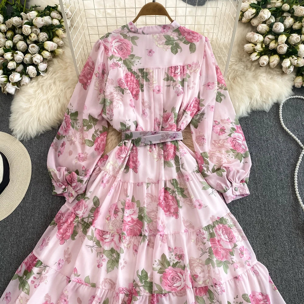 Spring Autumn Women Floral Chiffon Long Dress Vintage Purple/Pink/Black/Beige Stand Collar Single Breasted Maxi Robe Elegant New Viralgem Store