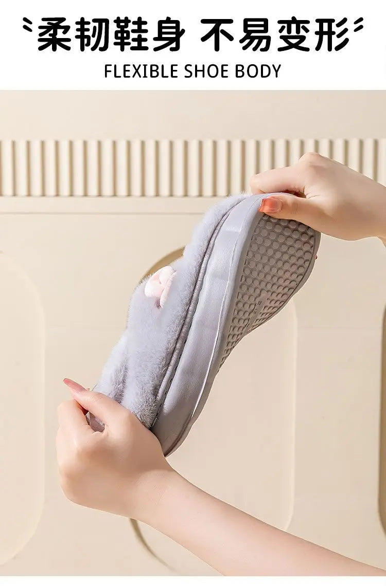 8 cm High platform fur slippers women's winter fluffy ear home shoes woman white bunny rabbit slippers woman house clog shoes