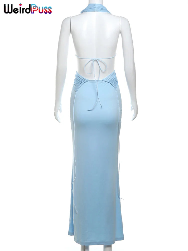 Weird Puss Knot Halter Dress Woman Summer Sexy Solid Backless Straps Ruffles Deep V-Neck Bodyshape Party Elegant Skinny Vestidos Viralgem Store