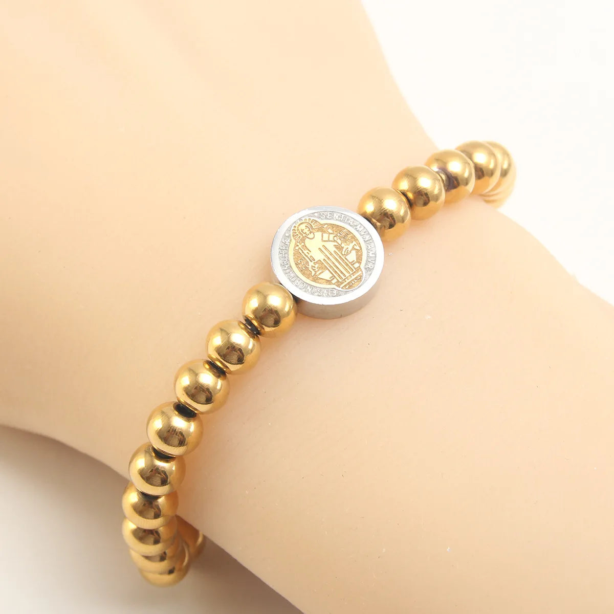 Stainless Steel San Benito Bracelet For Women Gold Color Metal St Benedict Cross Bracelet 6mm Bead Chain Pulseira