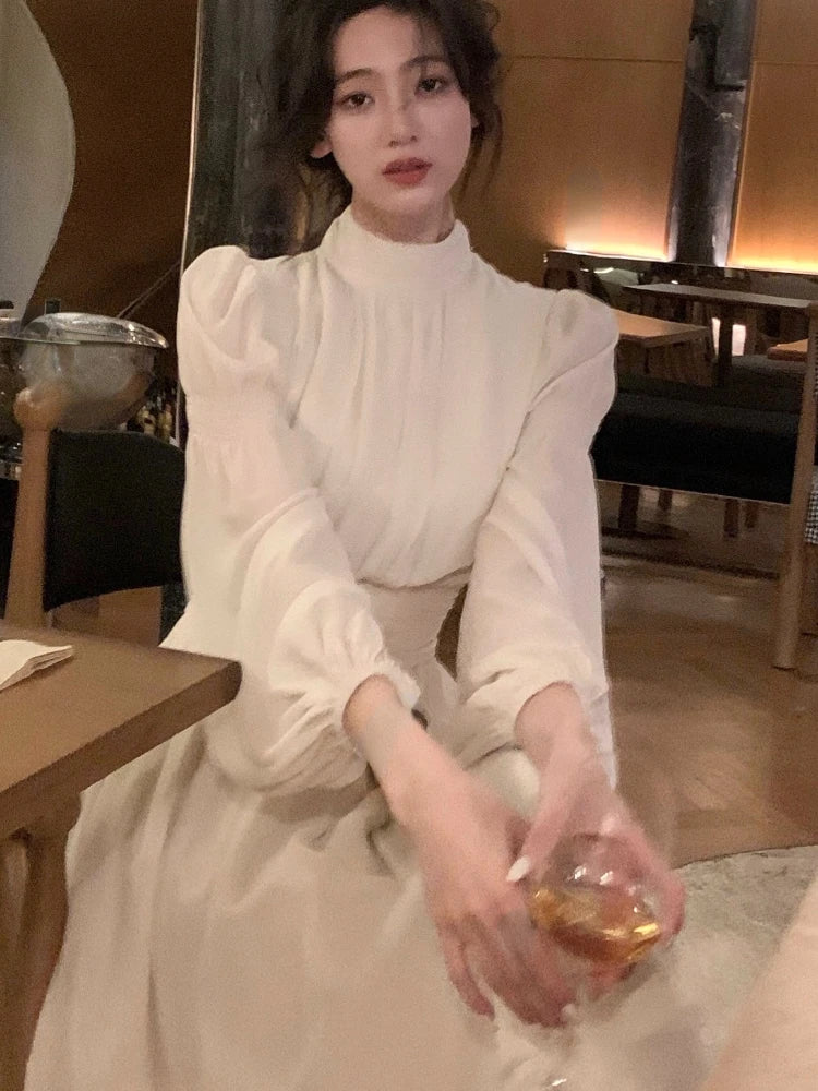 White Solid Vintage Party Midi Dress Women Puff Sleeve Slim Sweet Elegant Dress Ladies High-waisted French Style Chic Dress 2023 Viralgem Store