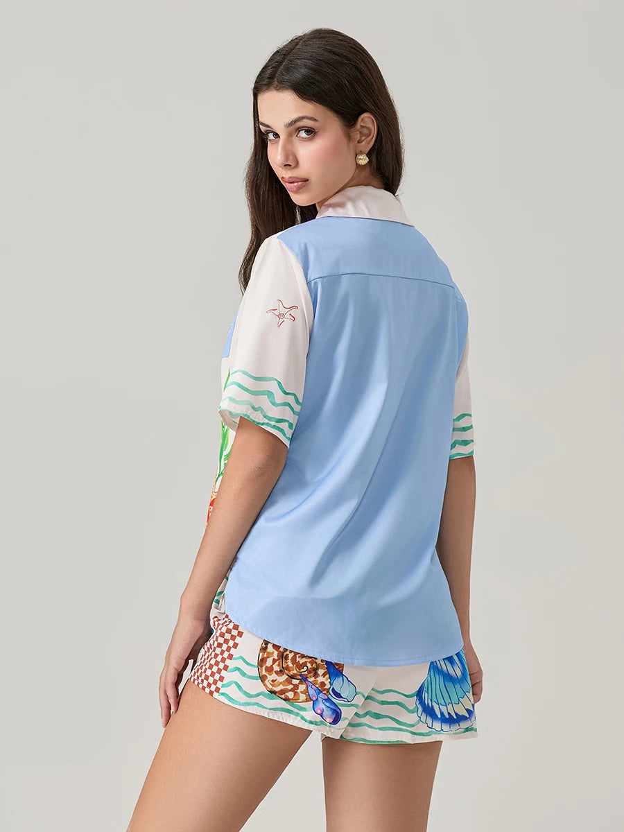 Women 2 Piece Shorts Outfits Ocean Print Button Short Sleeve Lapel T-Shirt and Elastic Shorts Club Streetwear Clothes Pjs Lounge