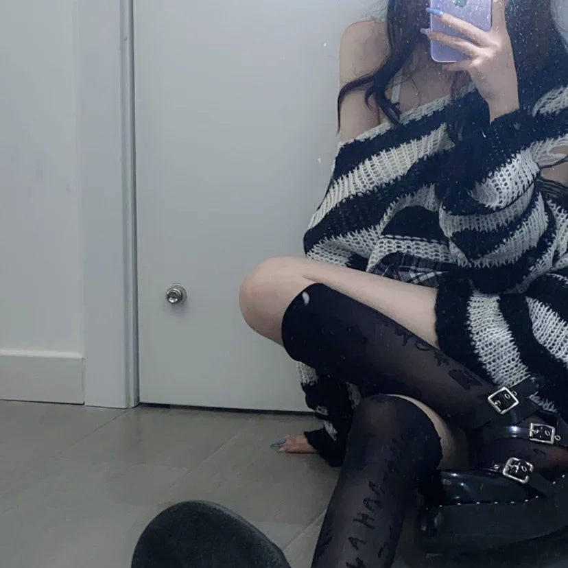 2024 90s Punk Gothic Long Sweater Women Dark Aesthetic Striped Pullovers Hollow Out Oversized Grunge Jumpers Emo Alt Clothes Y2k