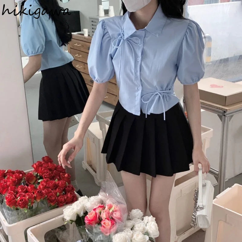 2023 Blusas De Mujer Puff Sleeve Tunic Bow Blouses Women Clothing Crop Tops Hollow Out Folds Summer Shirts Chic Vintage Blouse