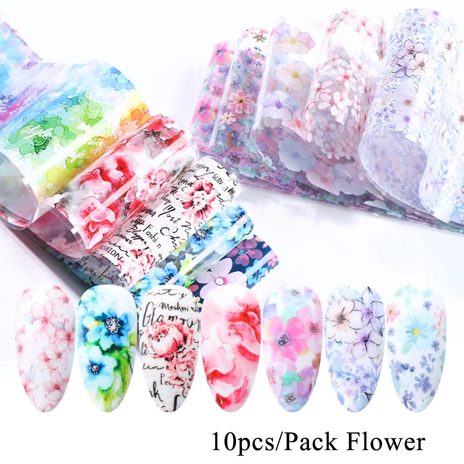 10Pcs Hologram Transfer Foil Nails Laser Stars Holographic Nail Stickers Mermaid Tail Sliders Metallic Gel Polish Wraps NLXKY01