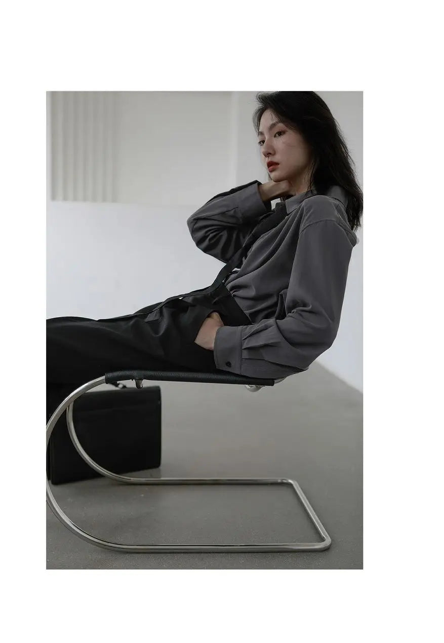 2025 Summer Minimalist Long Sleeve Button Up Shirt Women Korean Style Solid Tie Oversize Shirts Blouse Loose Clothes Autumn Tops