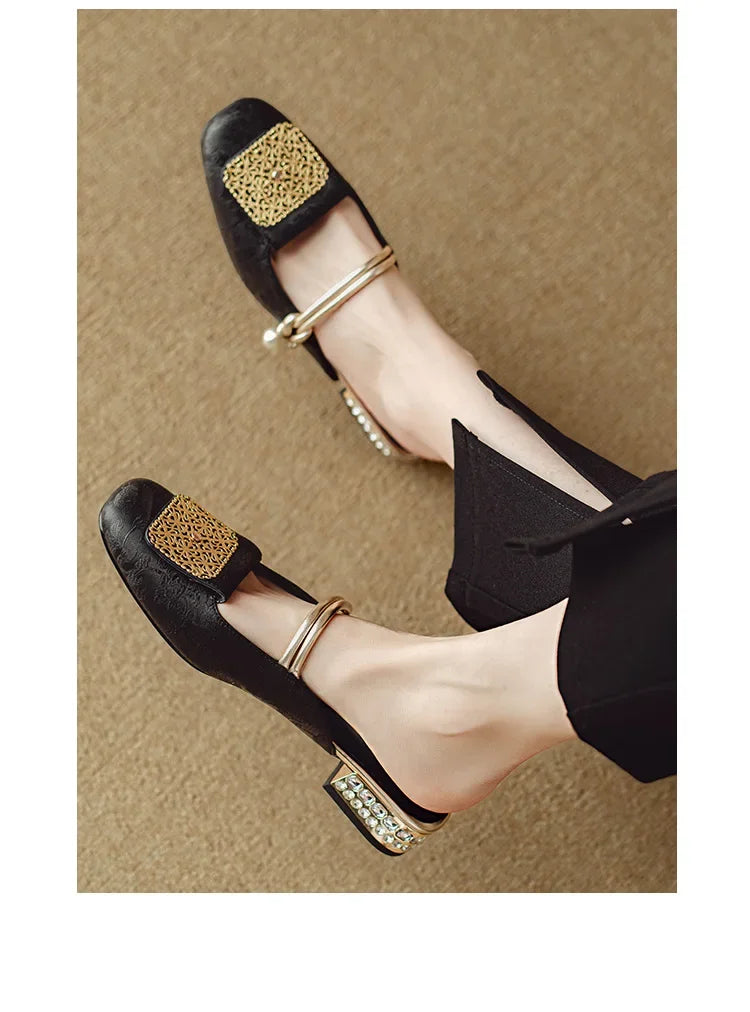 2024 Summer Elegant Sandals Women New Rhinestones Fashion Dress Half Slippers Baotou Women's Temperament Chinese Style Slippers