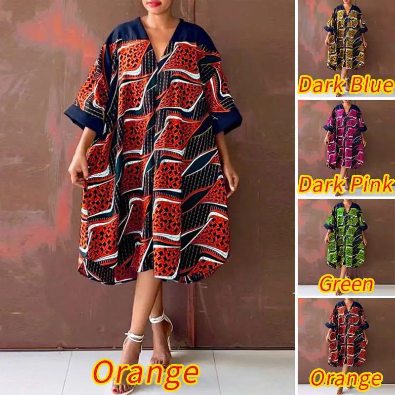 VONDA Oversized Summer Dress 2024 Women V Neck Bohemian Printed Beach Sundress Casual Midi Vestidos 3/4 Sleeve Loose Robe Femme