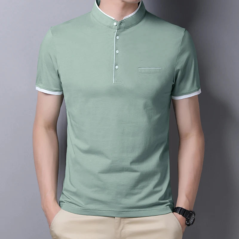2025 New Men's Casual and Fashionable Solid Color Short Sleeved Stand Up Collar T-shirt Summer Versatile and Comfortable Top