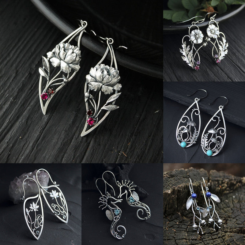 Woodland Earrings Witch Mushroom Elven Forest Leaf Earrings Nature Botanical Jewelry Silver Wire Wrapped