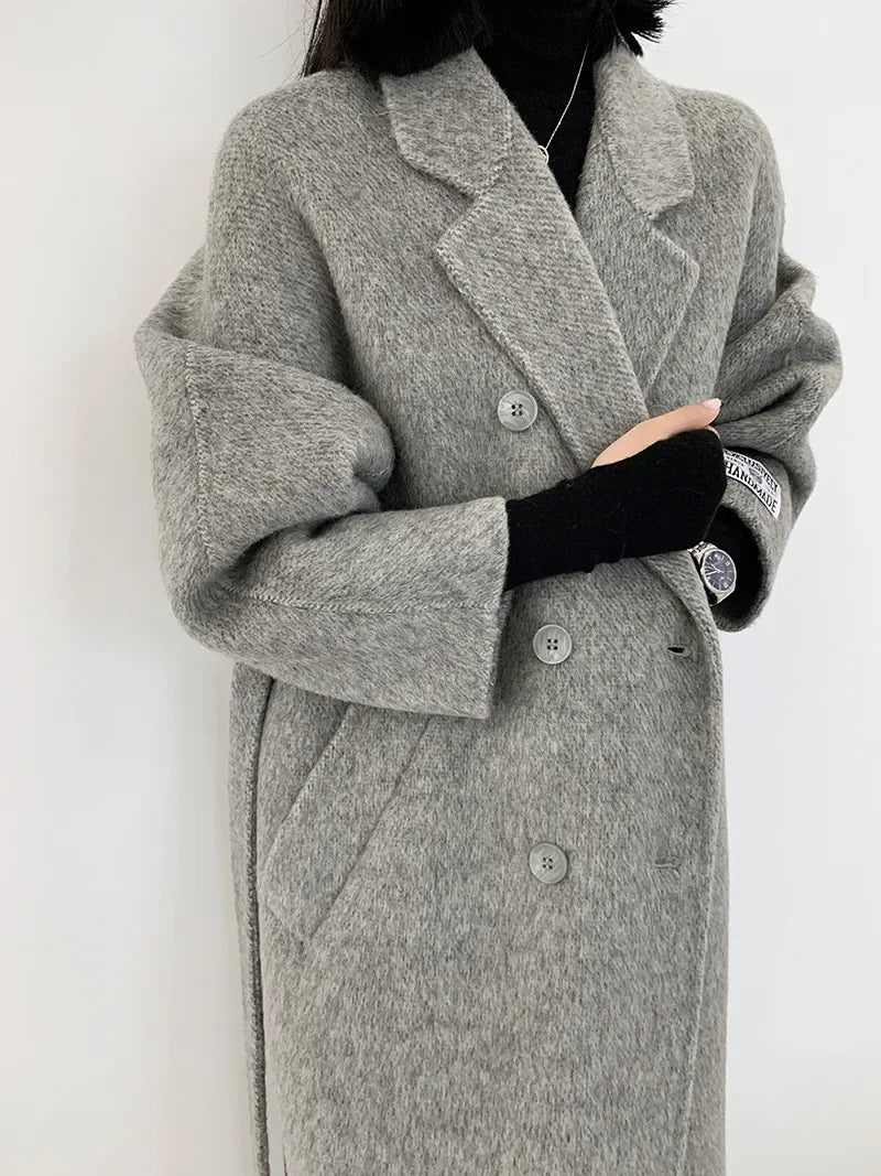 2024 Autumn Winter Wool Coat Women Double-breasted Solid Color Women's Double-sided Woolen Belt Coats Loose Warm Wool Jacket
