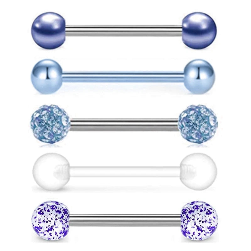 5PCS Acrylic Tongue Piercing Barbell Set Stainless Steel Glitter Tongue Rings Lot 14G Nipple Piercing Bar Bulk Piercing Langue