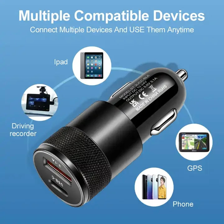 3.1A USB Car Charger Aluminum Alloy PD Fast Charging for Mobile Phone Tablet 15W Dual Port Car Charger Adapter Fast Car Charger
