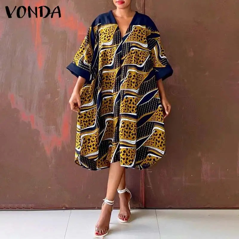 VONDA Oversized Summer Dress 2024 Women V Neck Bohemian Printed Beach Sundress Casual Midi Vestidos 3/4 Sleeve Loose Robe Femme