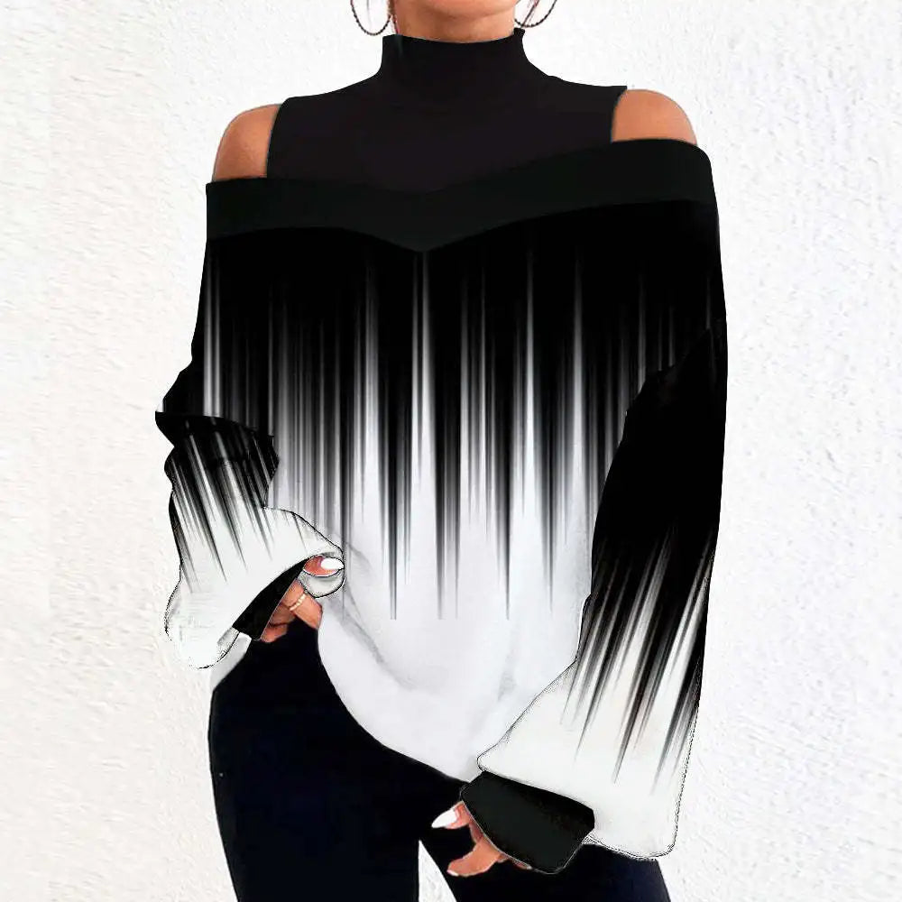 2024Ladies Long Sleeve Turtleneck Tops Women Sexy Off Shoulder Hollow Out Loose Printing T-shirt 2024 Autumn Fashion T-shirt Top Viralgem Store