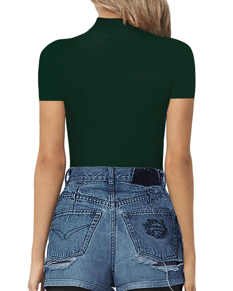 2023SpringSummer New Fashion Europe America Sexy Solid Color Medium High Neck Short Sleeve Casual Elegant Women's Tight Bodysuit