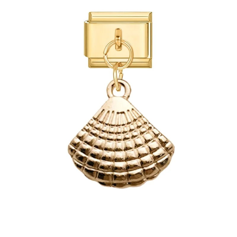 Vintage Golden Sea Shell Conch Starfish Dolphin Turtles Pendant Bead Fit 9mm Italian Charm Bracelet Stainless Steel DIY Making