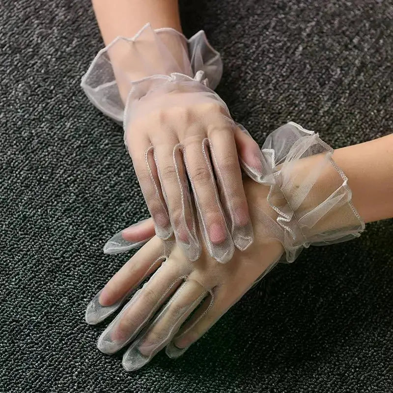 Women Short Tulle Gloves Sexy Lace Mittens Tulle Full Finger Gloves Lady Driving Glove Transparent Mittens Wedding Bridal Gloves