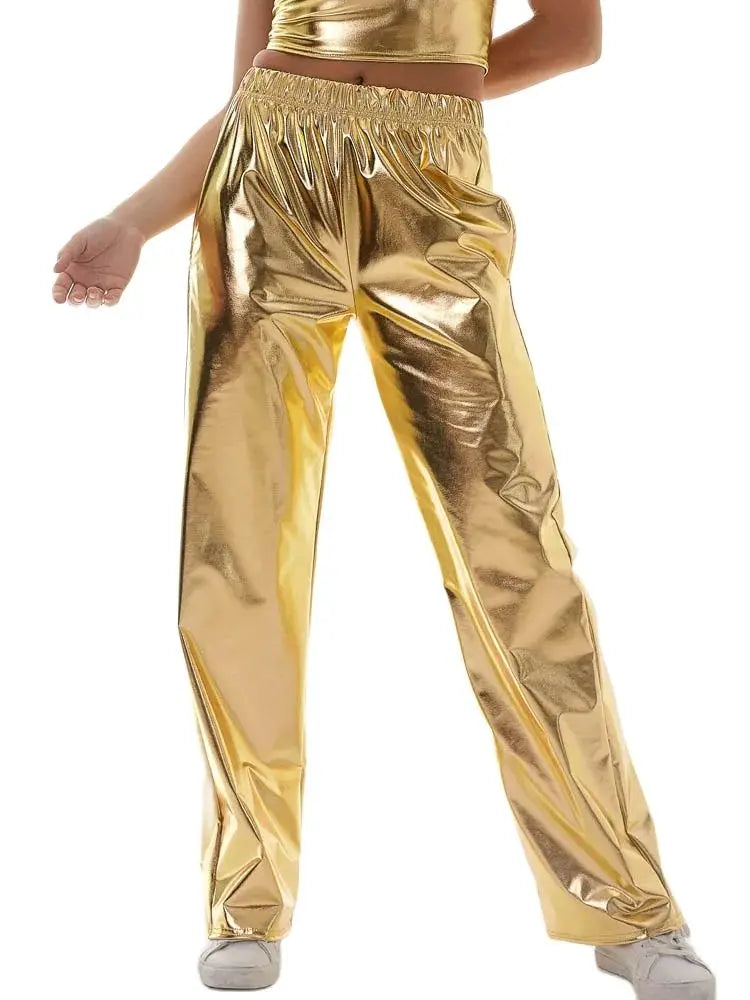 Women Adult Shiny Straight Leg Pants Casual High Waist Metallic Pants Super Long Holographic Pants Disco Bottoms Viralgem Store