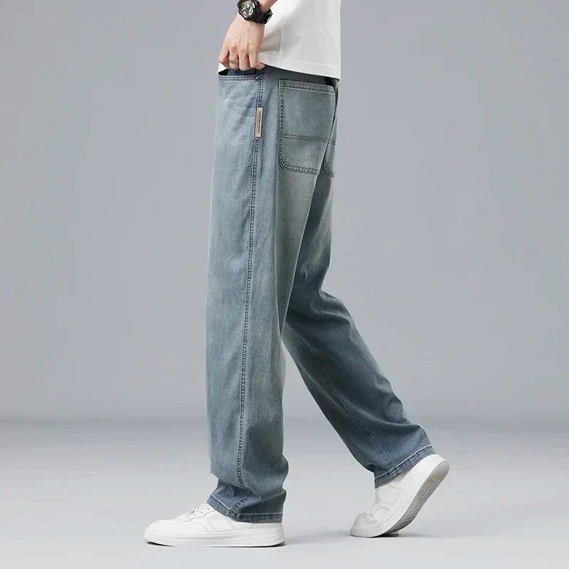 2025 New Summer Ultra-thin Lyocell Men's Jeans Drape Soft Fabric Loose Straight Casual Denim Pant Elastic Ice Silk Male Trousers