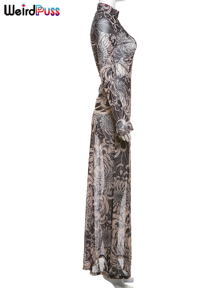 Weird Puss Thin Sheer Women Dress Mesh Contast Color Print High Waist Slim Fit Fashion Bodycon Nightout Clubwear Party Long Robe