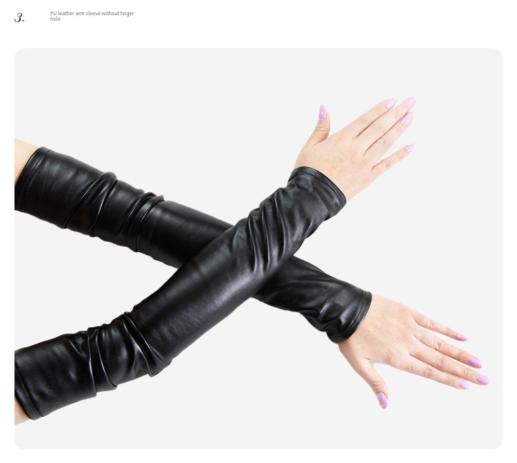 Women's Velvet Open Finger Black Oversleeve Leather Gloves