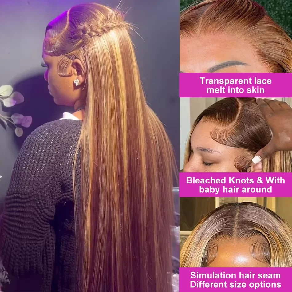 30 38 Inch Bone Straight Highlight Wigs Honey Brown13x6 HD Lace Front Wig Brazilian Ombre Color 13x4 Lace Frontal Wig Human Hair Viralgem Store