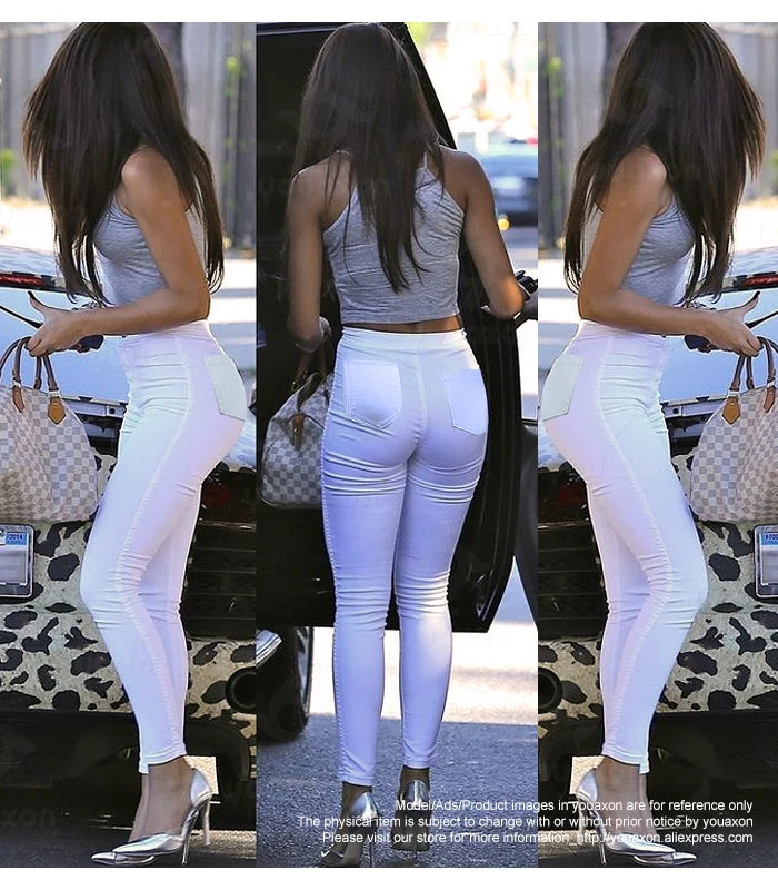 1888 Youaxon Summer Women`s High Waist White Basic Fashion Stretch Skinny Denim Pants Trousers Jeans For Women Free Shipping