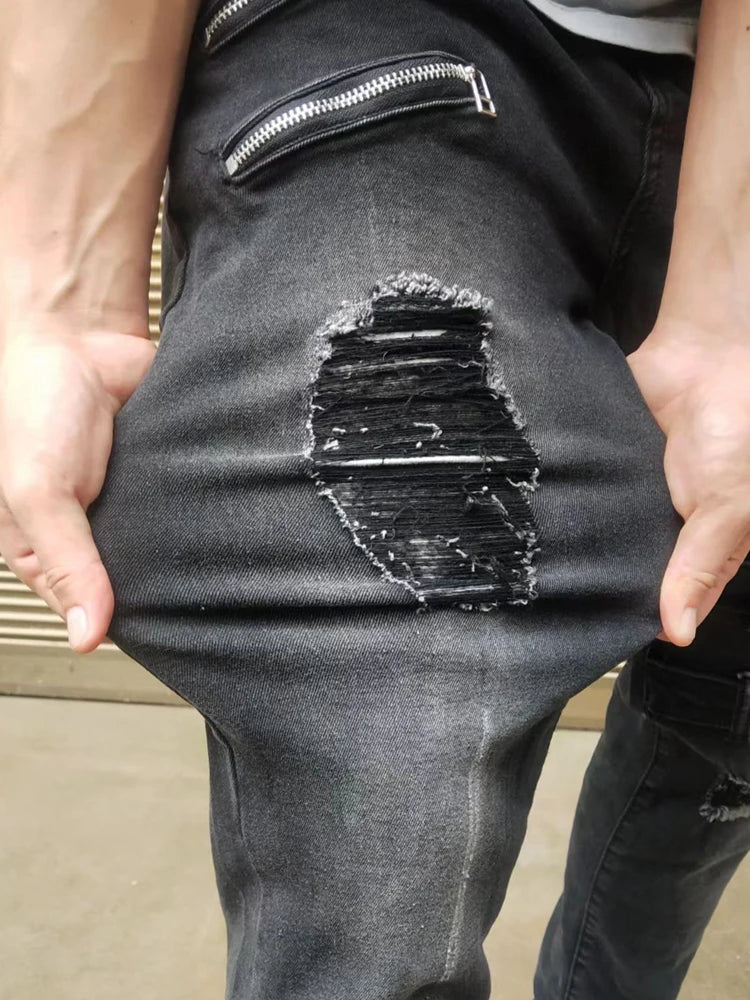 Zipper Decoration Slim Fit Biker Men Jeans Cotton Stretchy Ripped Skinny Jeans High Quality Hip Hop Black Oversize Denim Pants