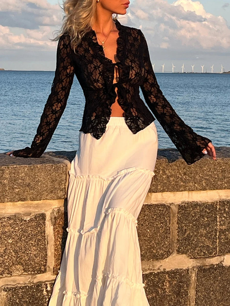 Women s Summer Lace Shirt Tops Y2k Flare Long Sleeve Tie Front Sheer Slim Crop Cardigan Clubwear