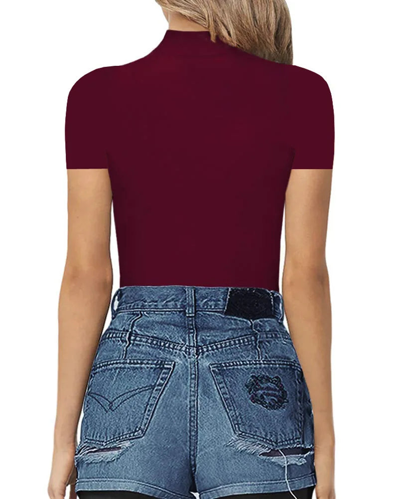 2023SpringSummer New Fashion Europe America Sexy Solid Color Medium High Neck Short Sleeve Casual Elegant Women's Tight Bodysuit