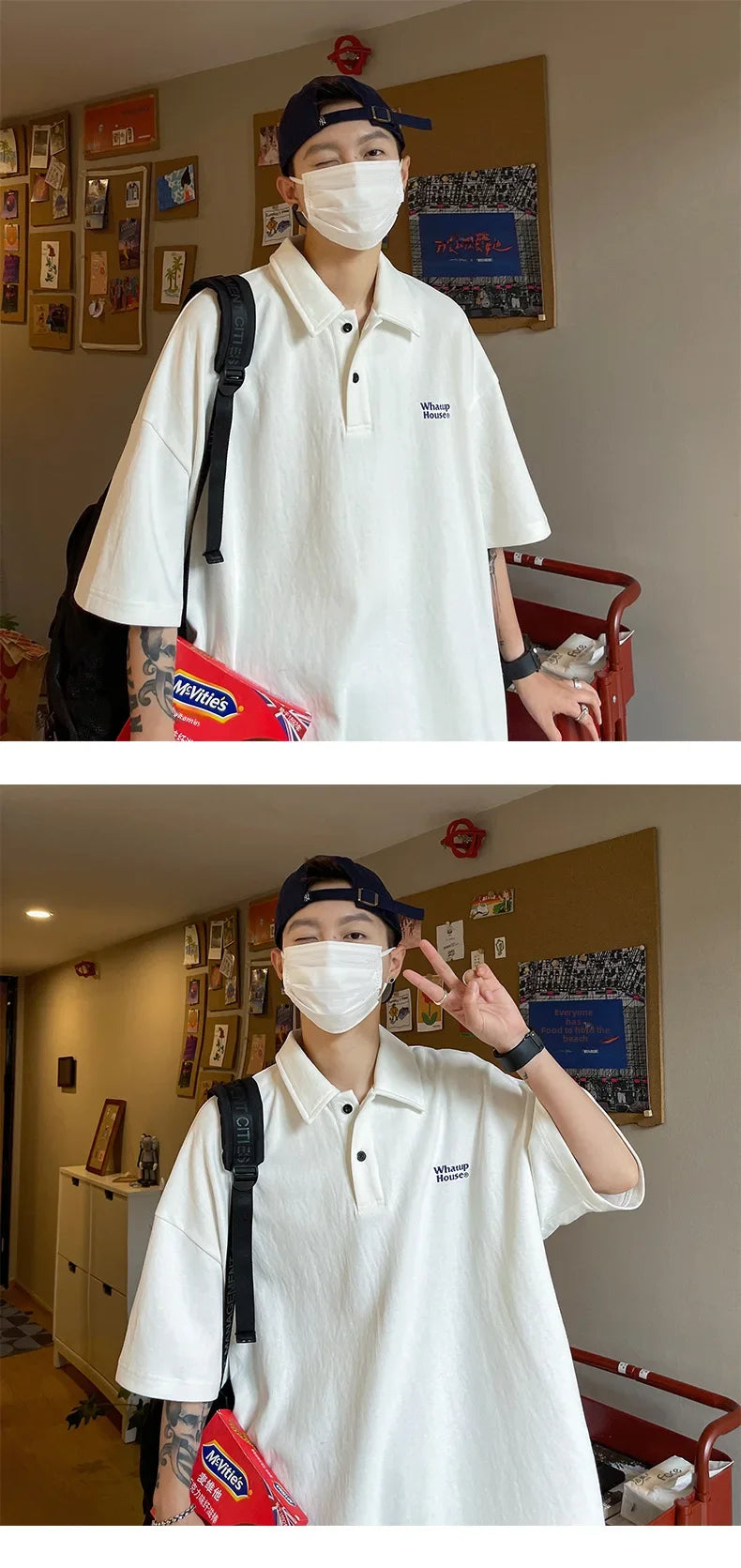 Trendy Polo Shirt Loose Fit Casual Men's Lapel Top Hk Style Hip Hop Short Sleeve T-shirt Fashion Outerwear