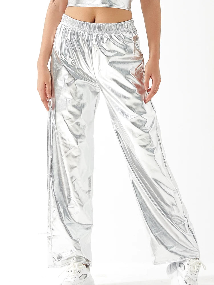 Women Adult Shiny Straight Leg Pants Casual High Waist Metallic Pants Super Long Holographic Pants Disco Bottoms Viralgem Store