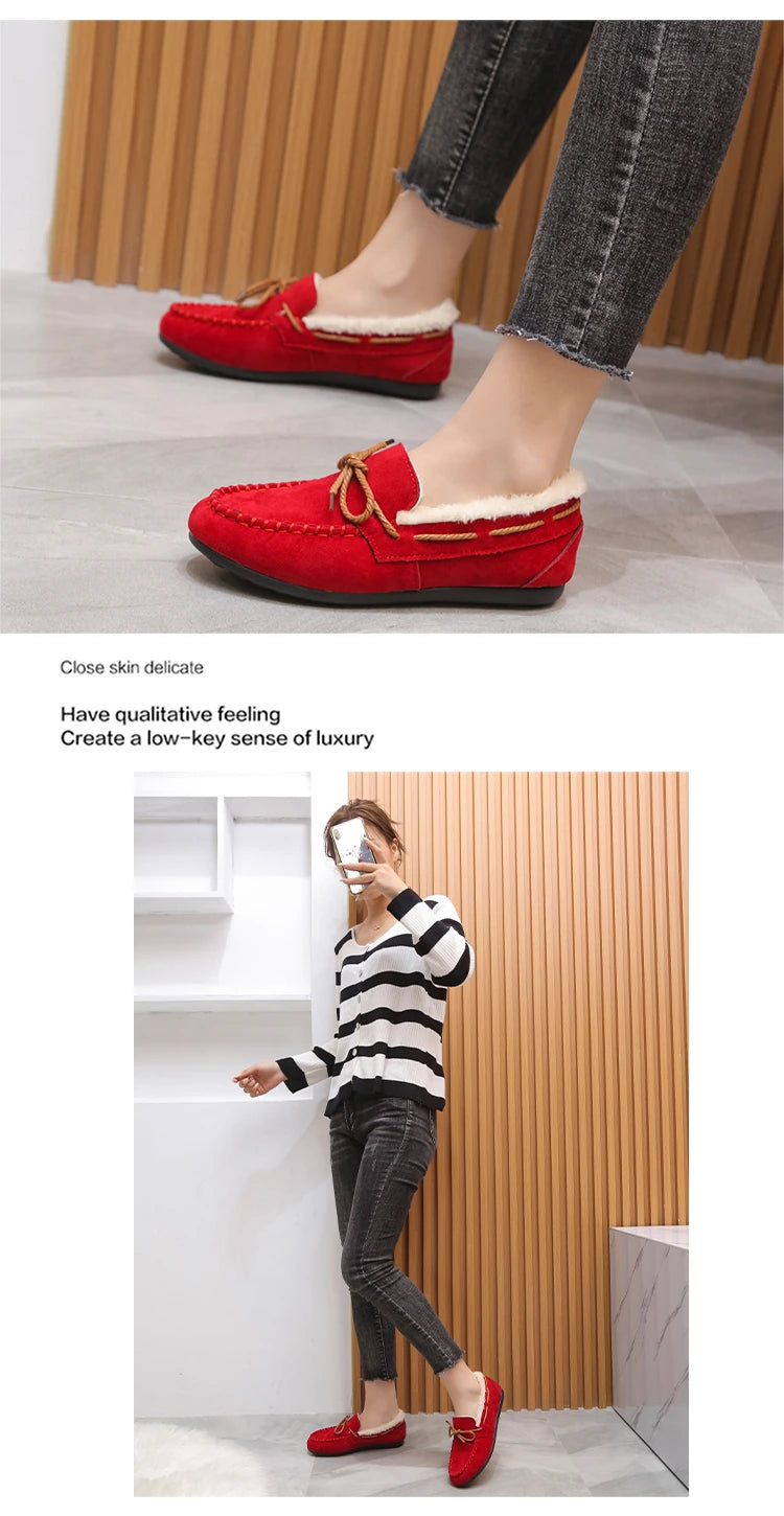 2023 autumn and winter new Doudou shoes women plus cashmere warm bow Korean version of casual shallow mouth flat lazy cotton sho